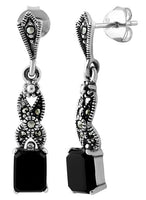 Sterling Silver Dangling Rectangular Black Onyx Marcasite Earrings